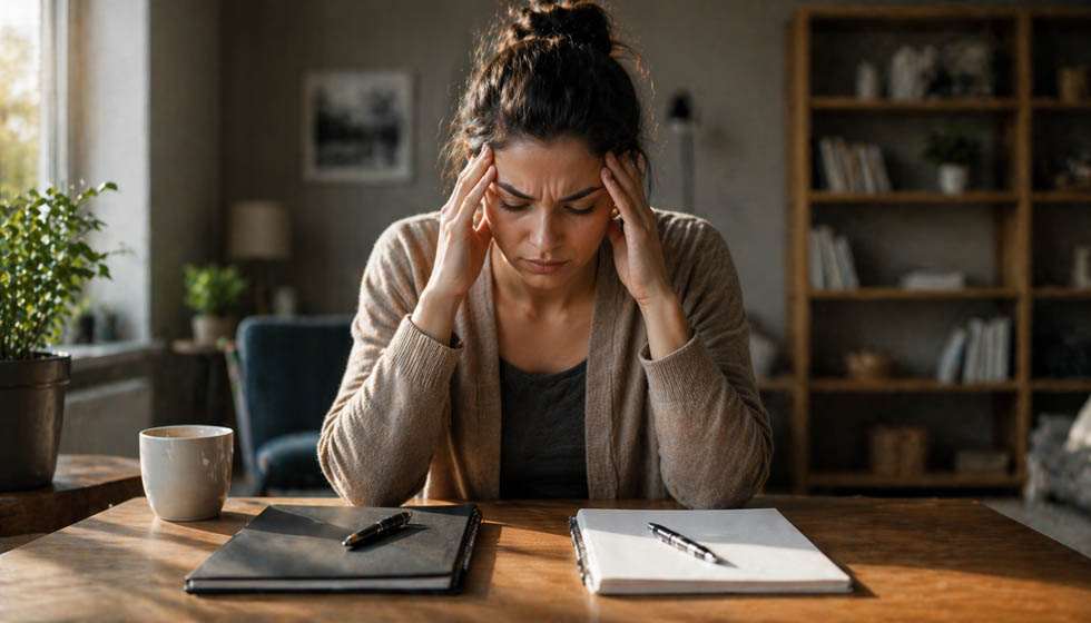 personne hésitant entre deux choix avec tension mentale visible