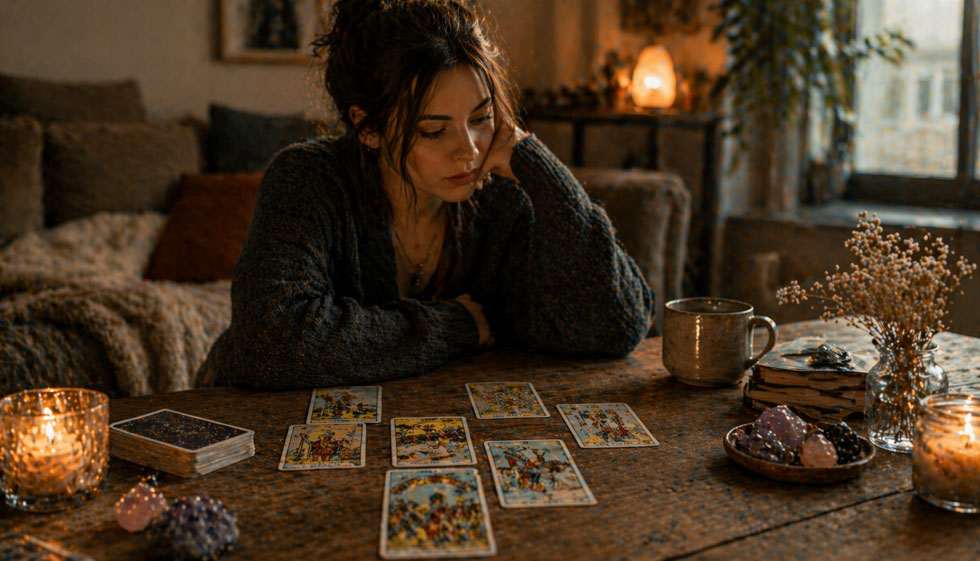 personne réfléchissant seule après un tirage tarot amour dans une ambiance calme et détendue