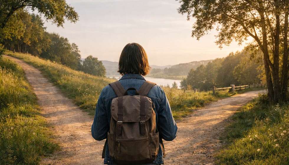 Personne hésitant entre deux directions dans un environnement extérieur
