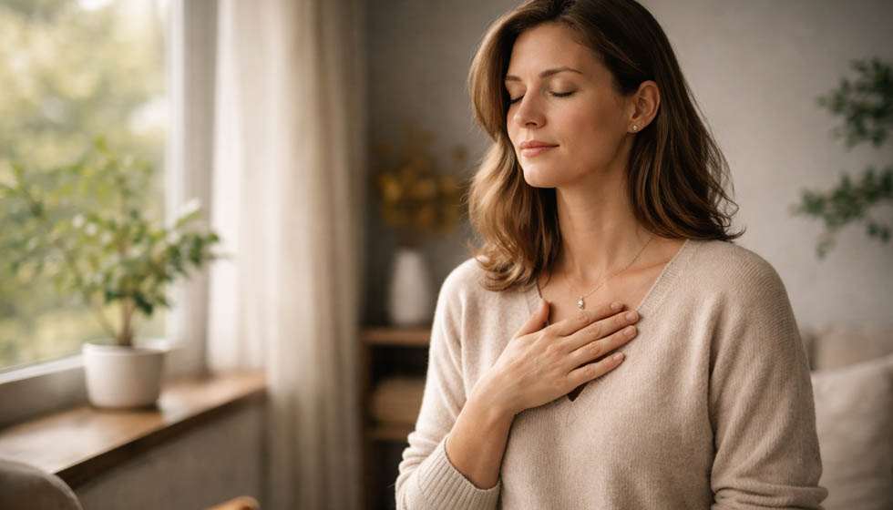 personne concentrée sur sa respiration et ses sensations corporelles