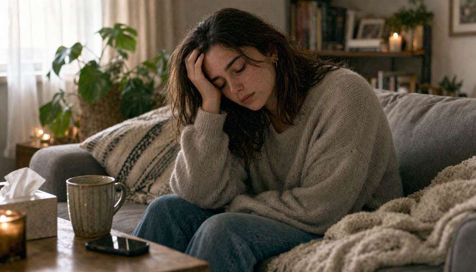 personne assise sur un canapé après une discussion semblant épuisée émotionnellement
