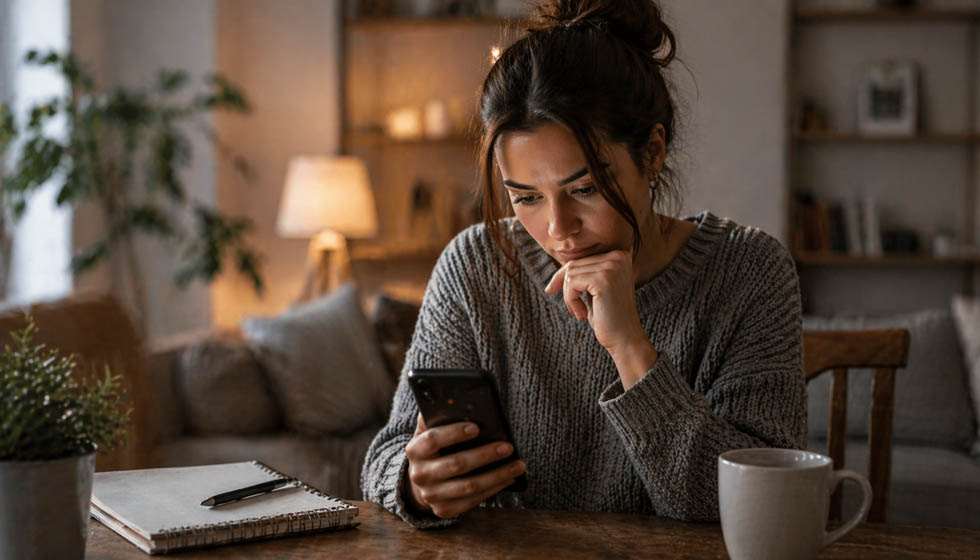 personne pensive regardant par la fenêtre avec téléphone à la main