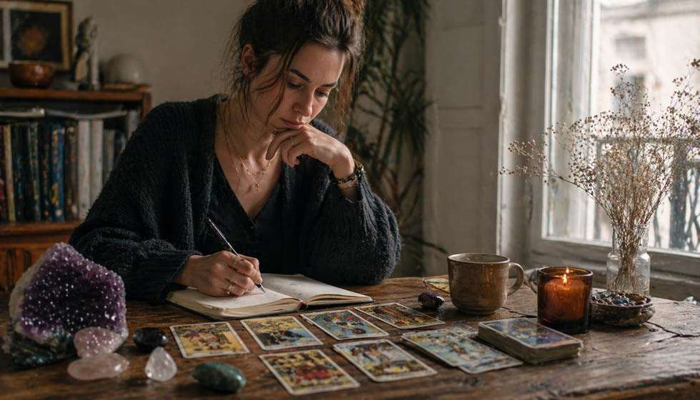 personne réfléchissant après un tirage de tarot