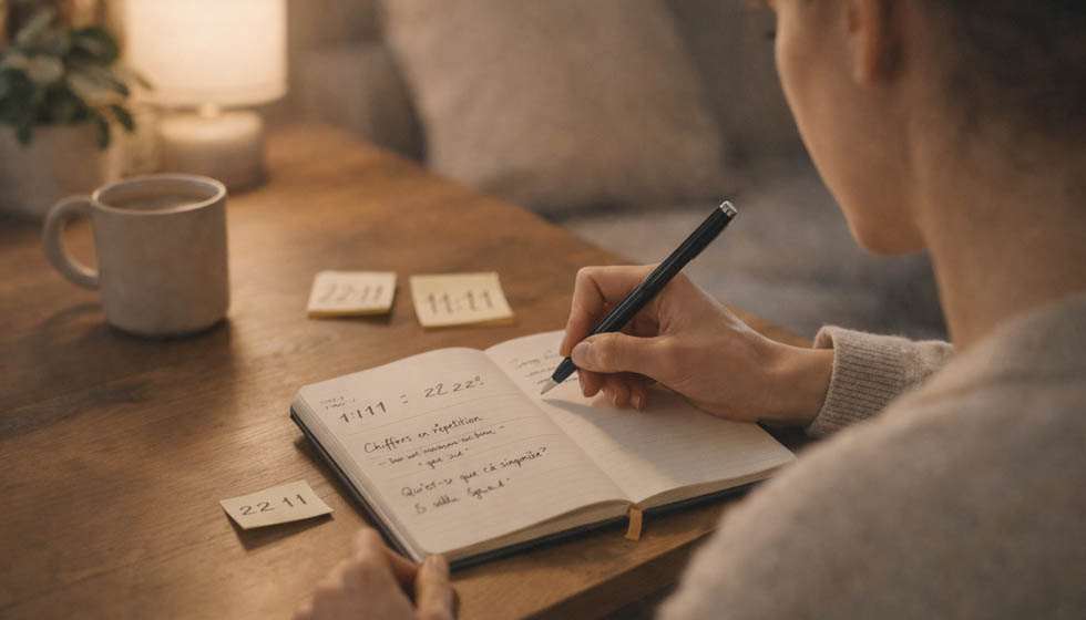 personne écrivant dans un carnet en réfléchissant à des nombres observés