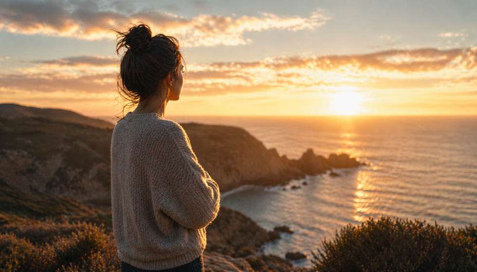 Femme réfléchissant au rapport entre sa date de naissance et une rupture amoureuse récente dans une ambiance douce et introspective