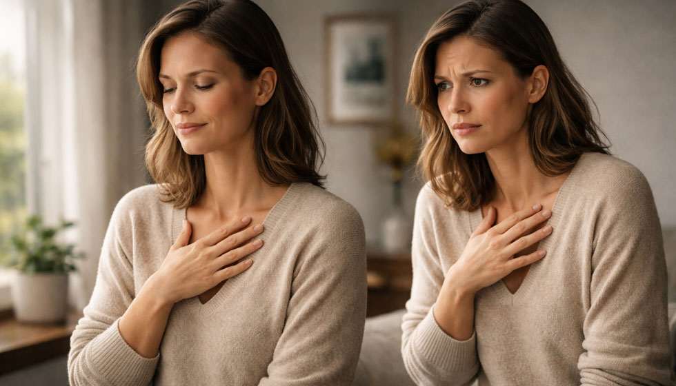 personne hésitante ressentant tension et calme intérieur contrastés