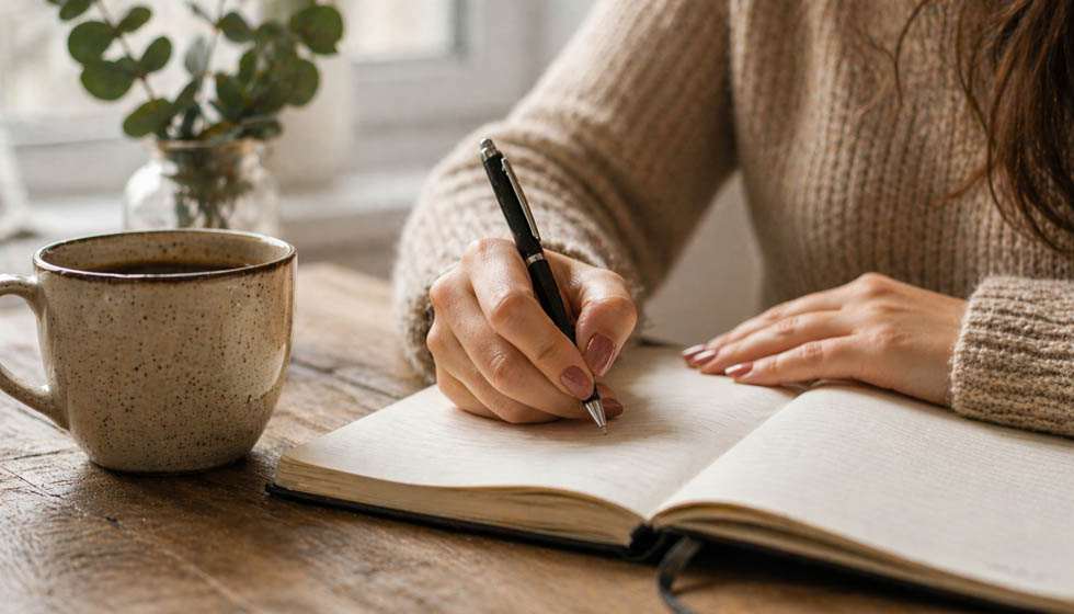 personne écrivant dans un carnet avec un café dans un environnement calme