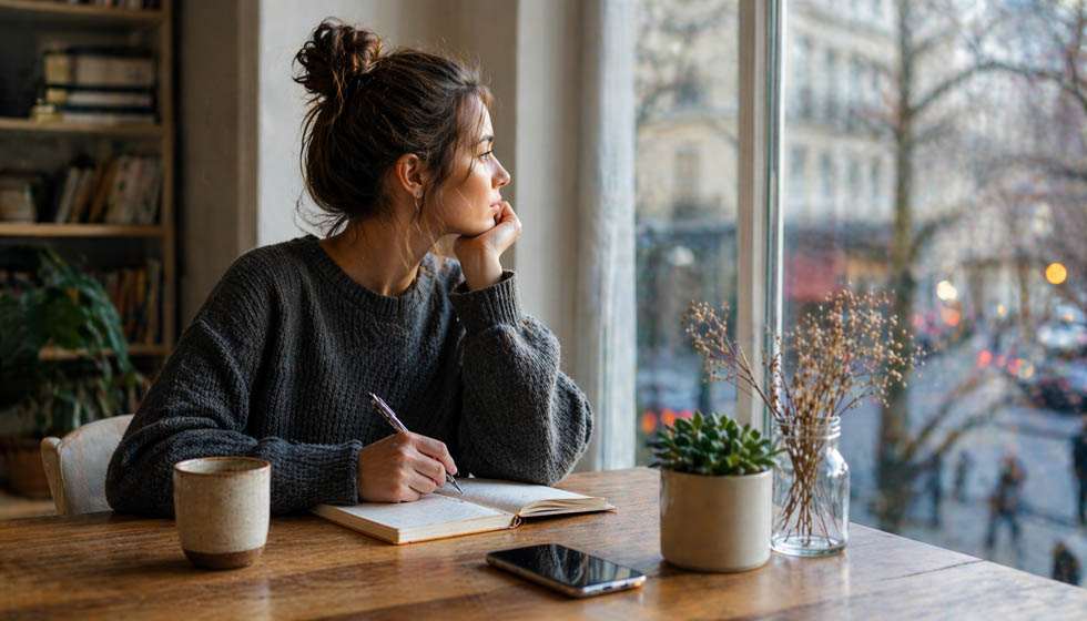 personne observant des détails du quotidien avec une sensation de décalage intérieur