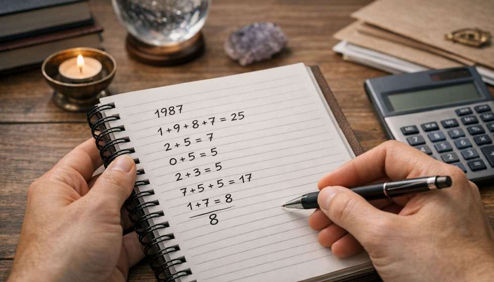 Main écrivant des chiffres sur un carnet pour calculer un chemin de vie