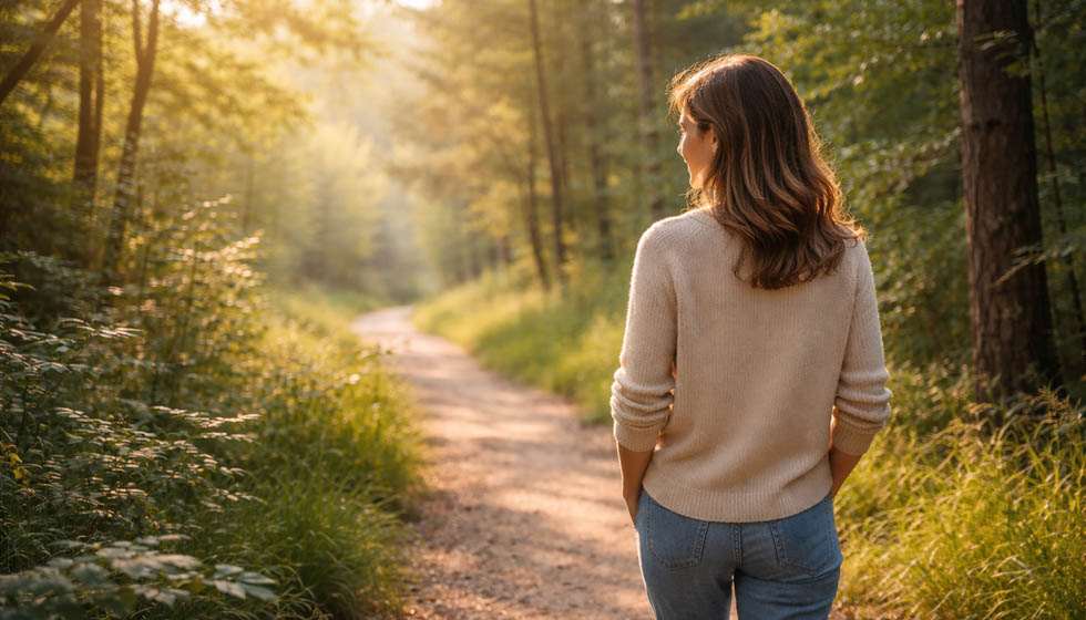 personne marchant seule en pleine nature en réflexion introspective