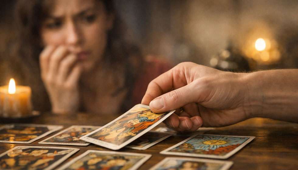 main tirant une carte de tarot avec expression hésitante entre attirance et rejet