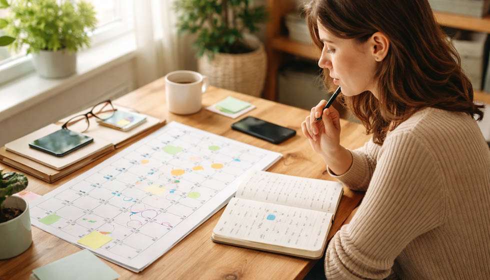 personne analysant ses décisions passées avec carnet et calendrier