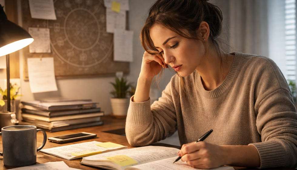 personne réfléchissant intensément avec carnet et notes