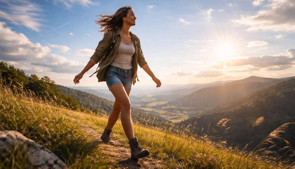 Personne dynamique en mouvement dans un paysage ouvert symbolisant la liberté et l’indépendance