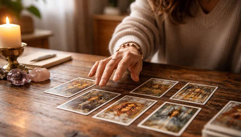 personne hésitant entre plusieurs cartes de tarot étalées