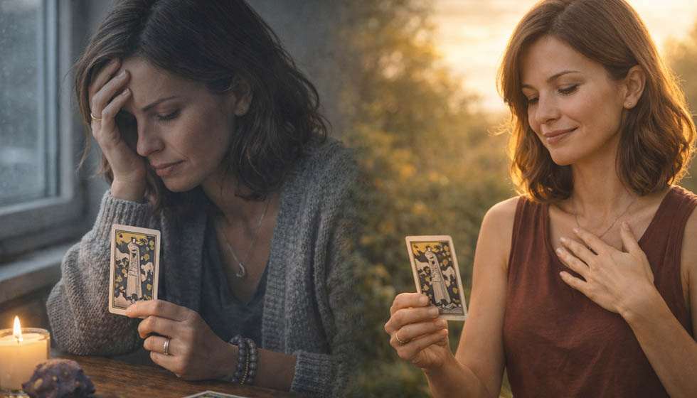 femme observant des cartes de tarot avec réflexion intérieure