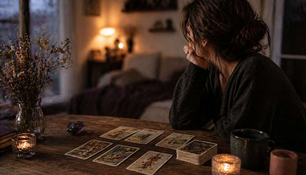 personne seule réfléchissant avec cartes tarot après rupture et se pose la question : Est-ce que quelqu’un pense à moi ?