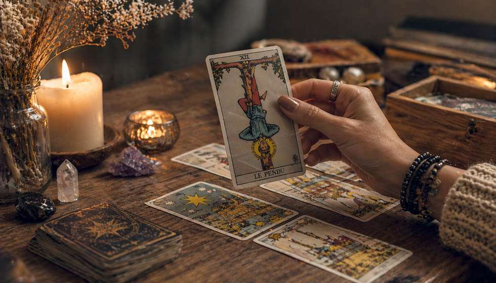 Main tirant une carte de tarot représentant une pause dans une situation bloquée