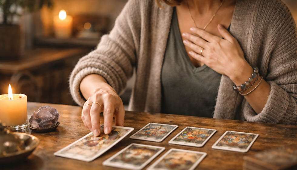 personne tirant des cartes de tarot en pleine conscience