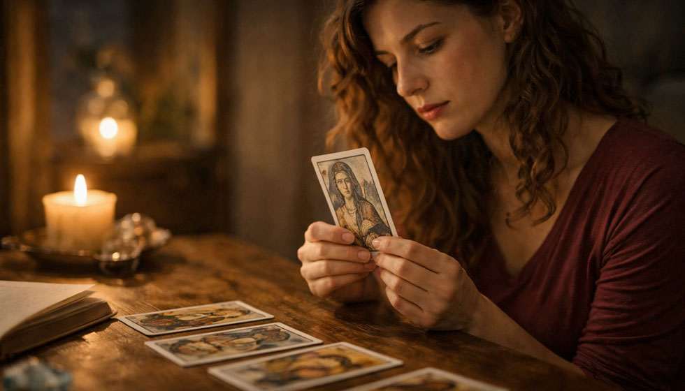 personne seule regardant une carte de tarot dans une ambiance introspective