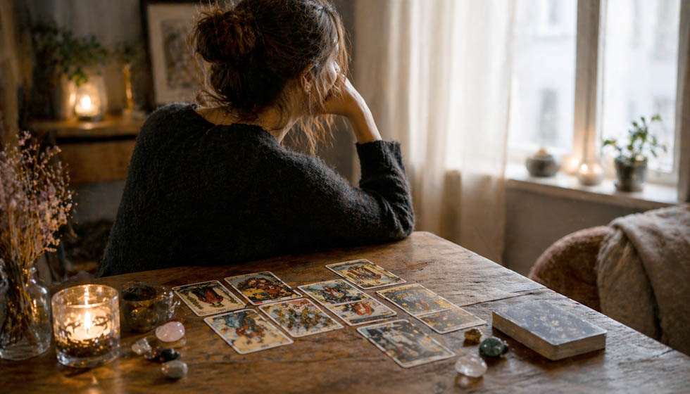 personne seule regardant cartes tarot ambiance distance émotionnelle lors du tirage d'un Tarot rupture amour