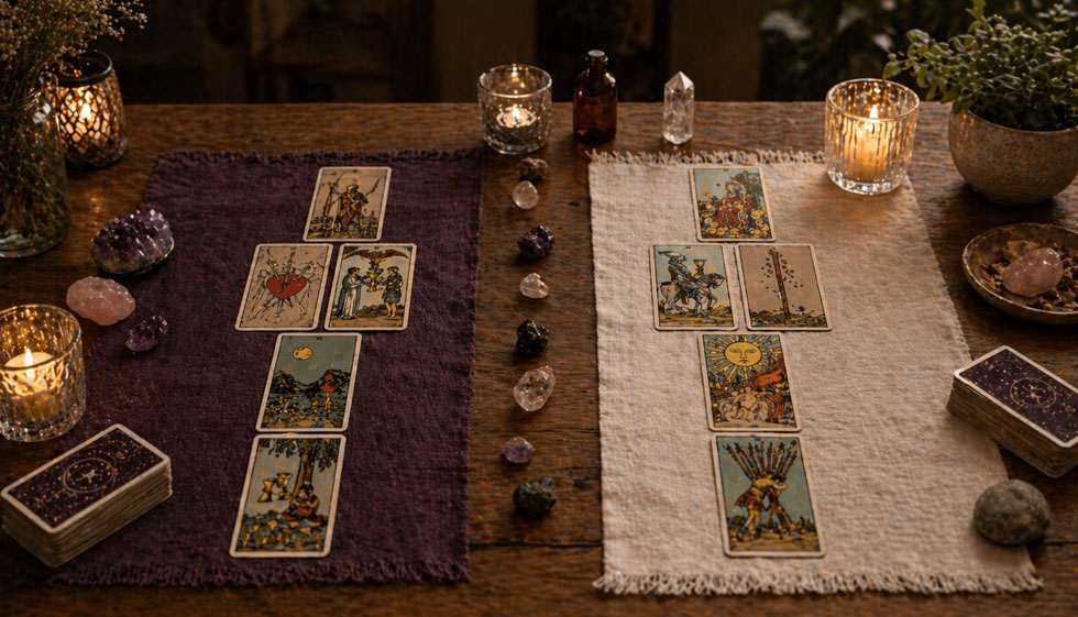 Tirage tarot amour : cartes de tarot disposées en deux colonnes représentant deux relations différentes
