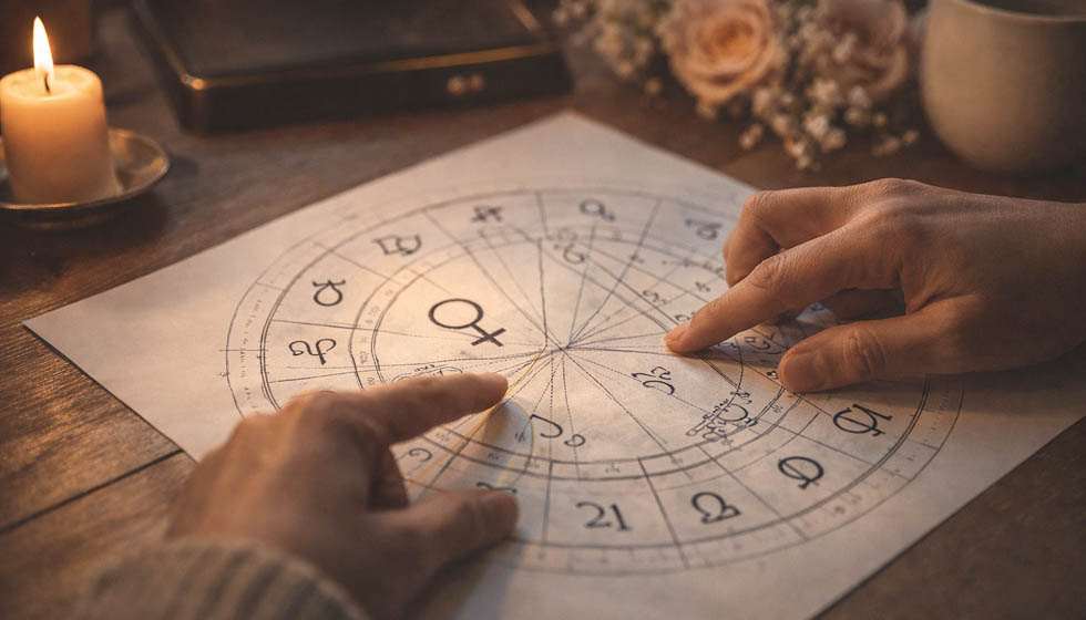 personne observant un thème astral avec symboles de Vénus