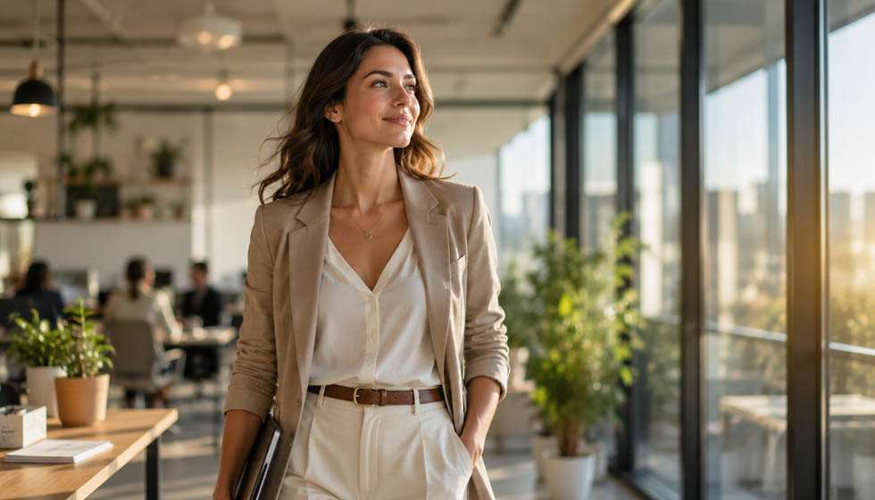 Professionnelle marchant avec assurance dans un espace de travail moderne baigné de lumière