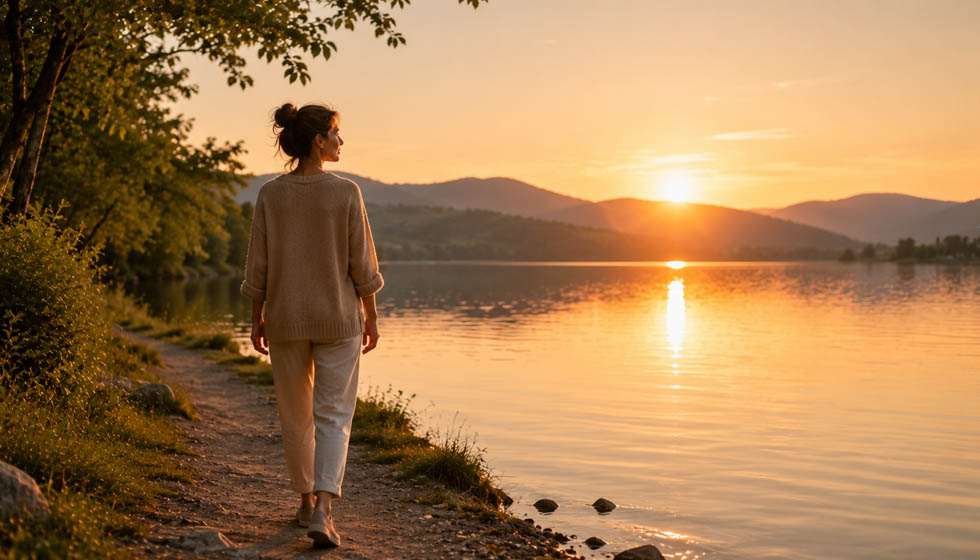 Personne marchant lentement au bord d'un lac au coucher du soleil dans une ambiance paisible