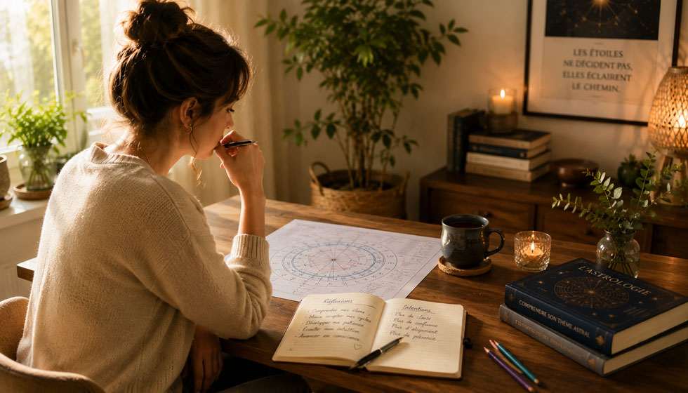 Personne observant son thème astral dans une démarche de réflexion personnelle et de connaissance de soi.