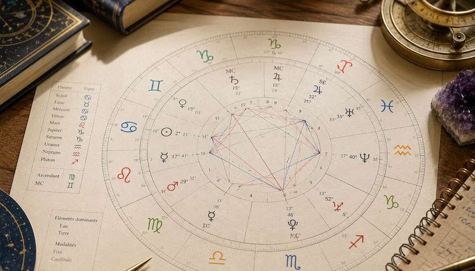 Thème astral imprimé montrant les signes astrologiques, les planètes et les maisons