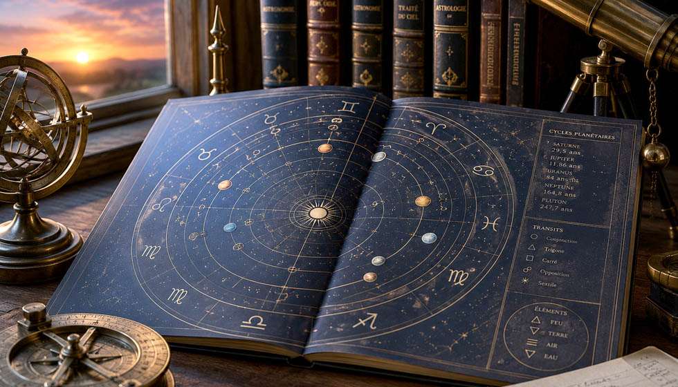 Carte céleste avec représentation des mouvements planétaires et des cycles astrologiques