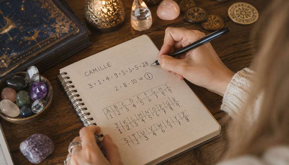 main écrivant un prénom et calculant des chiffres sur papier