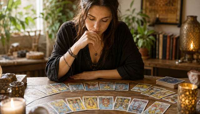 Consultante observant un tirage de tarot avec réflexion
