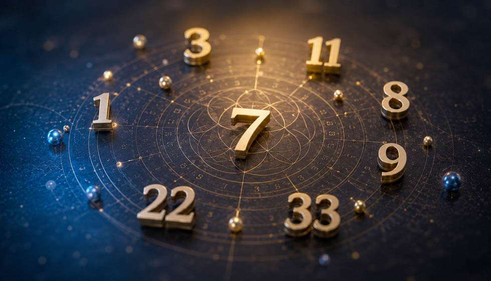 Représentation graphique des principaux nombres de la numérologie reliés entre eux dans une composition symbolique contemporaine.