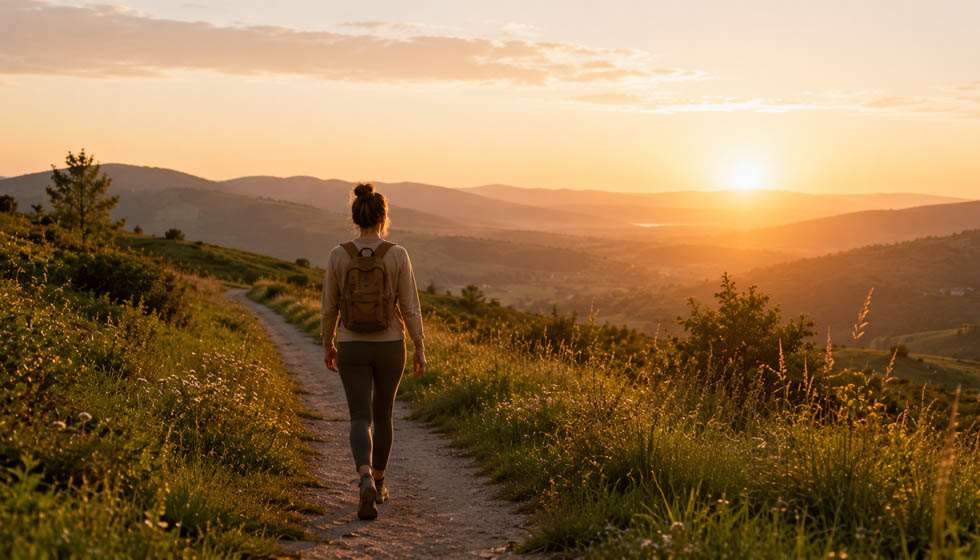 Personne marchant seule sur un sentier au lever du soleil, symbole d'évolution personnelle