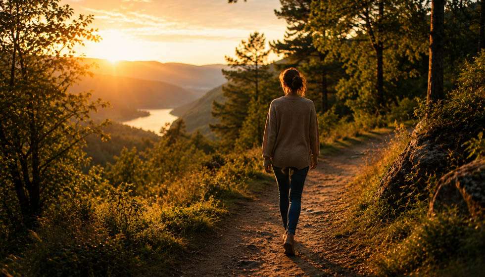 Personne marchant seule sur un sentier forestier au lever du soleil dans une ambiance paisible