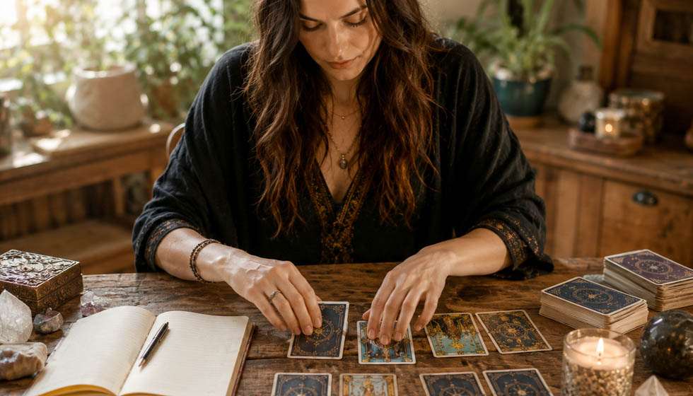 Cartomancienne préparant un tirage de tarot avec méthode