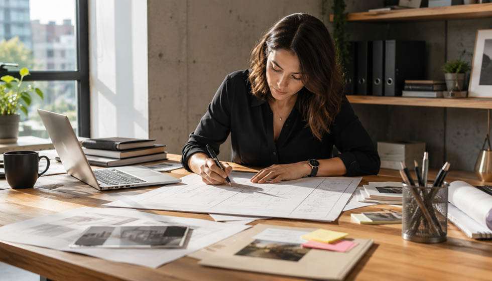 Professionnel élaborant un plan stratégique sur un bureau lumineux