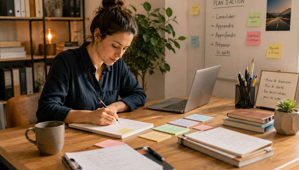 Personne préparant méthodiquement ses projets pendant une année de transition