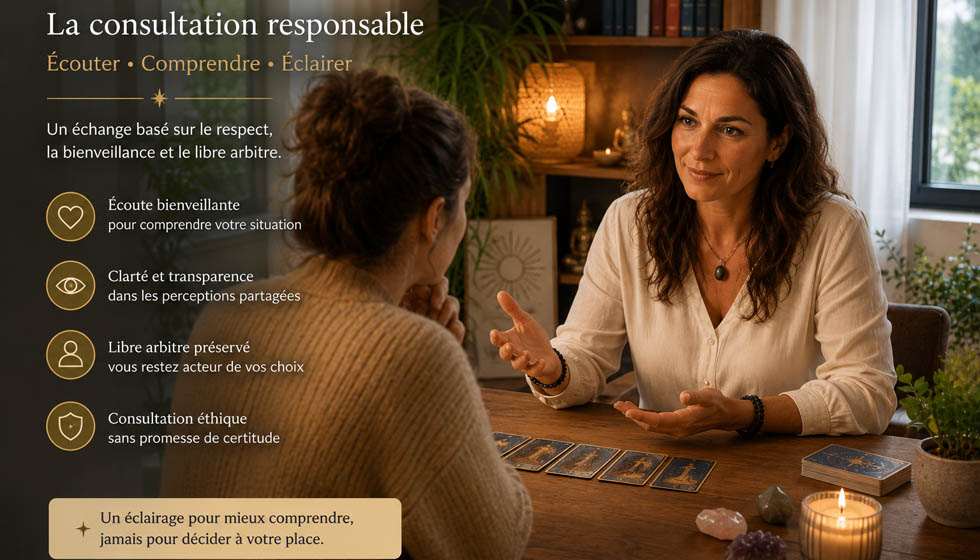 Praticien accompagnant un consultant dans une consultation de voyance responsable.