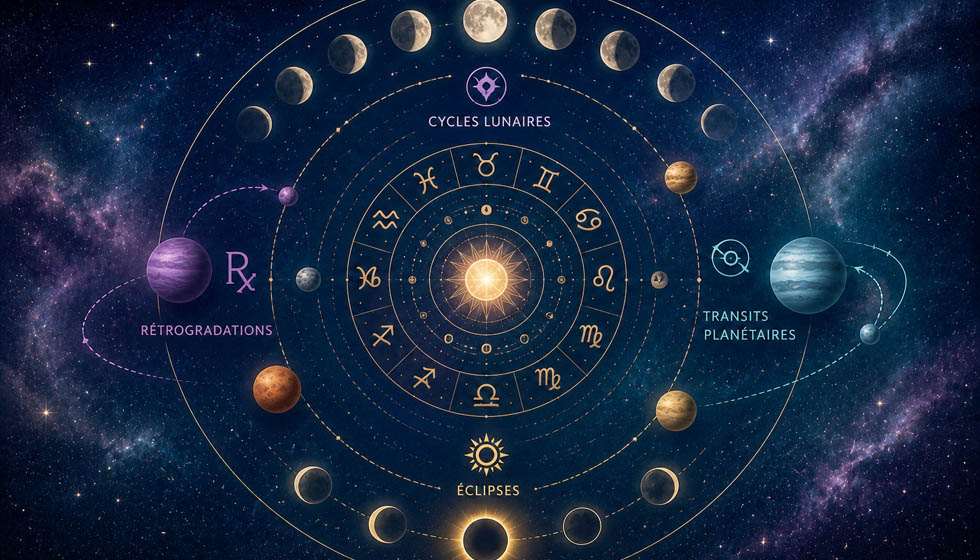 Schématisation symbolique des cycles astrologiques, des phases de la Lune et des transits planétaires.