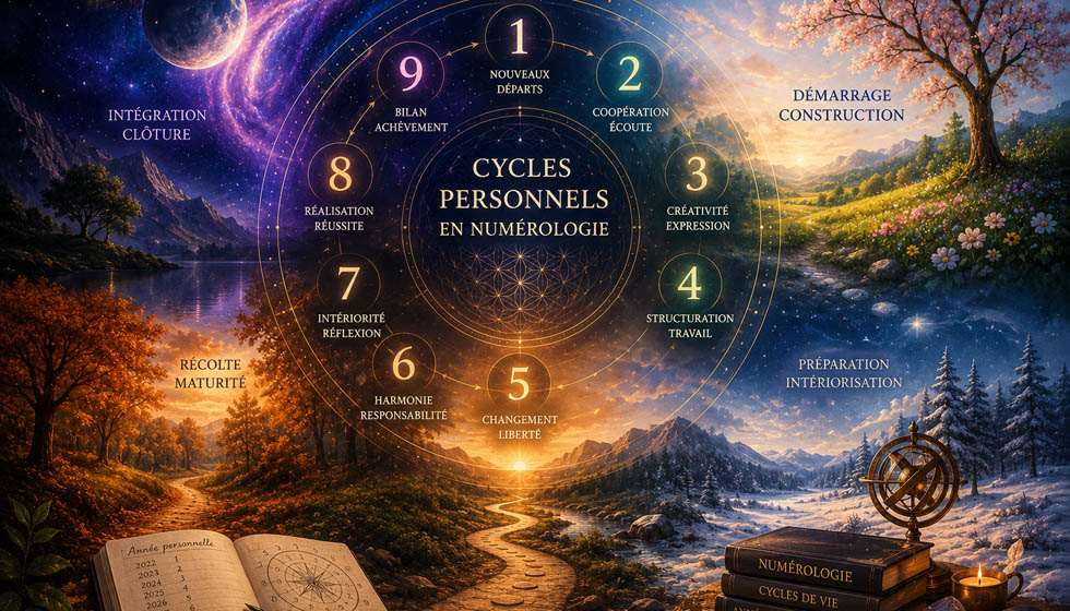 Illustration représentant les cycles de vie, les années personnelles et les nombres en numérologie.