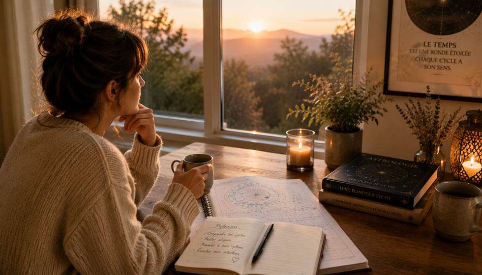 Personne contemplant son carnet de réflexion et un calendrier astrologique dans une ambiance apaisante.