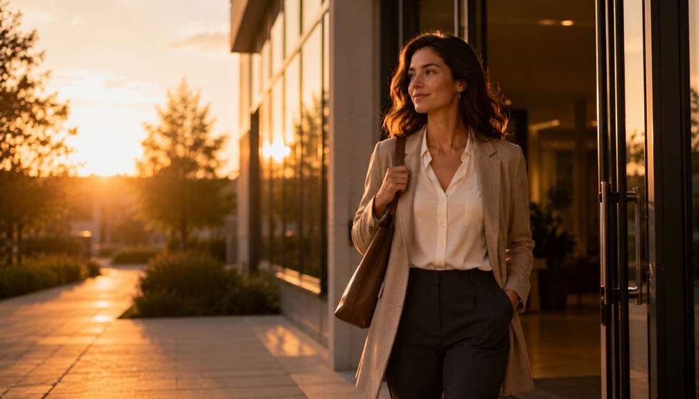 Personne quittant un bureau avec un sac à l'épaule et un sourire discret, symbole d'une décision assumée