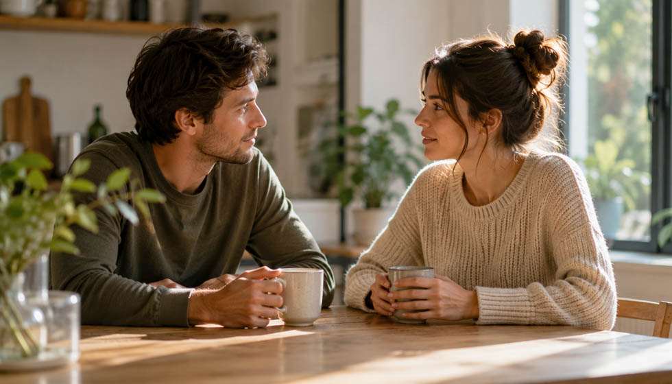 Couple discutant calmement autour d'une tasse de café à la maison