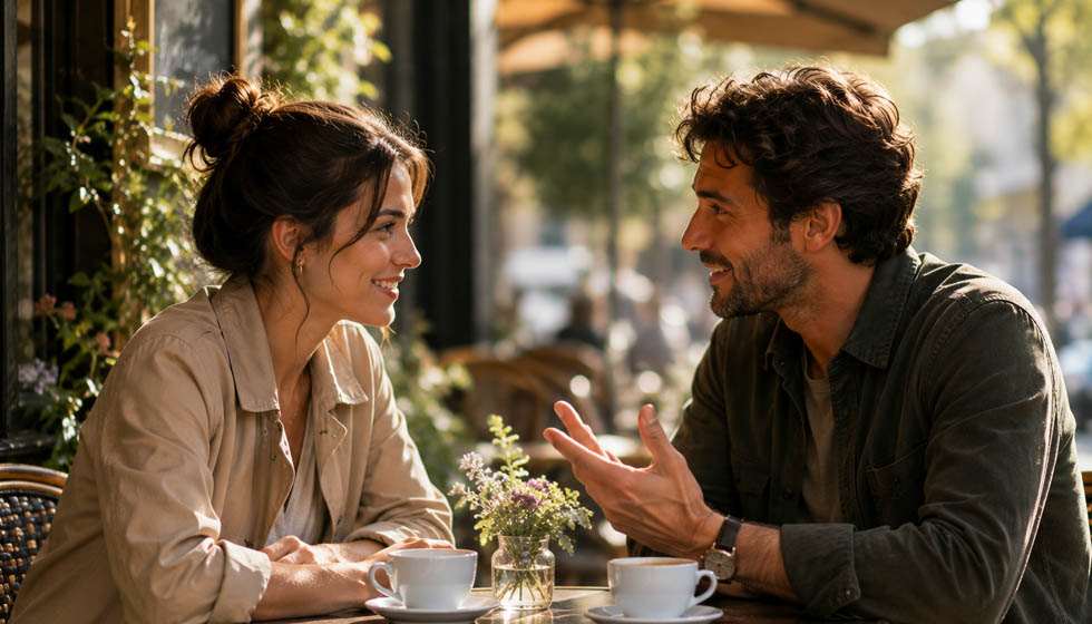 Deux personnes discutent sereinement autour d'un café en retrouvant une complicité