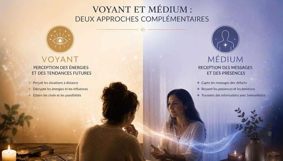 Illustration de la différence entre un voyant et un médium.