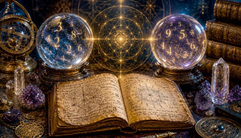 Deux sphères lumineuses reliées par une géométrie sacrée représentant deux vibrations numérologiques