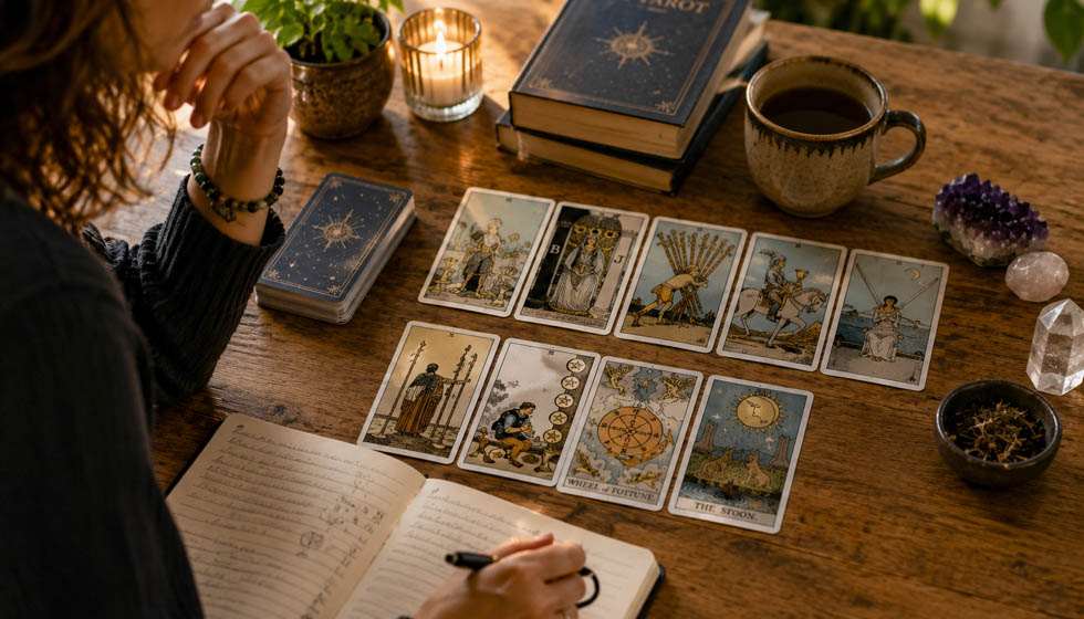 Consultant observant calmement un tirage de tarot avec un carnet de notes